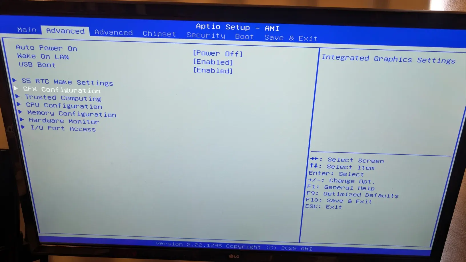 Advanced の GFX Configuration。通常表示では iGPU Configuration と UMA Frame buffer Size だけが見えている。